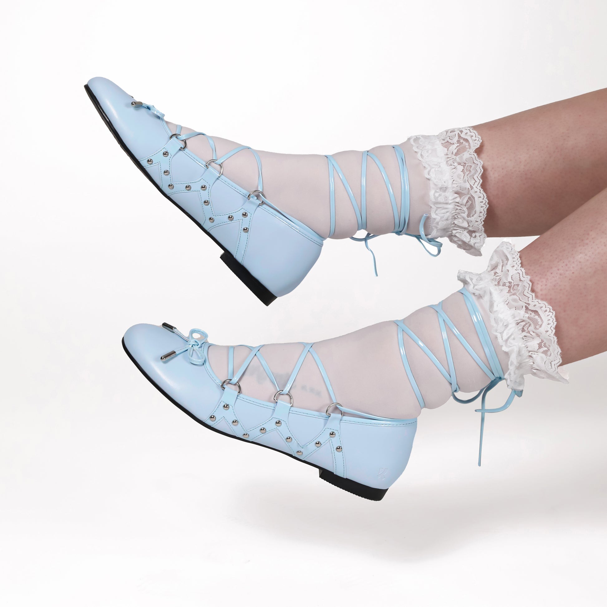 Violetta Lace Up Flat Ballet Shoes - Blue - Koi Footwear - Model View