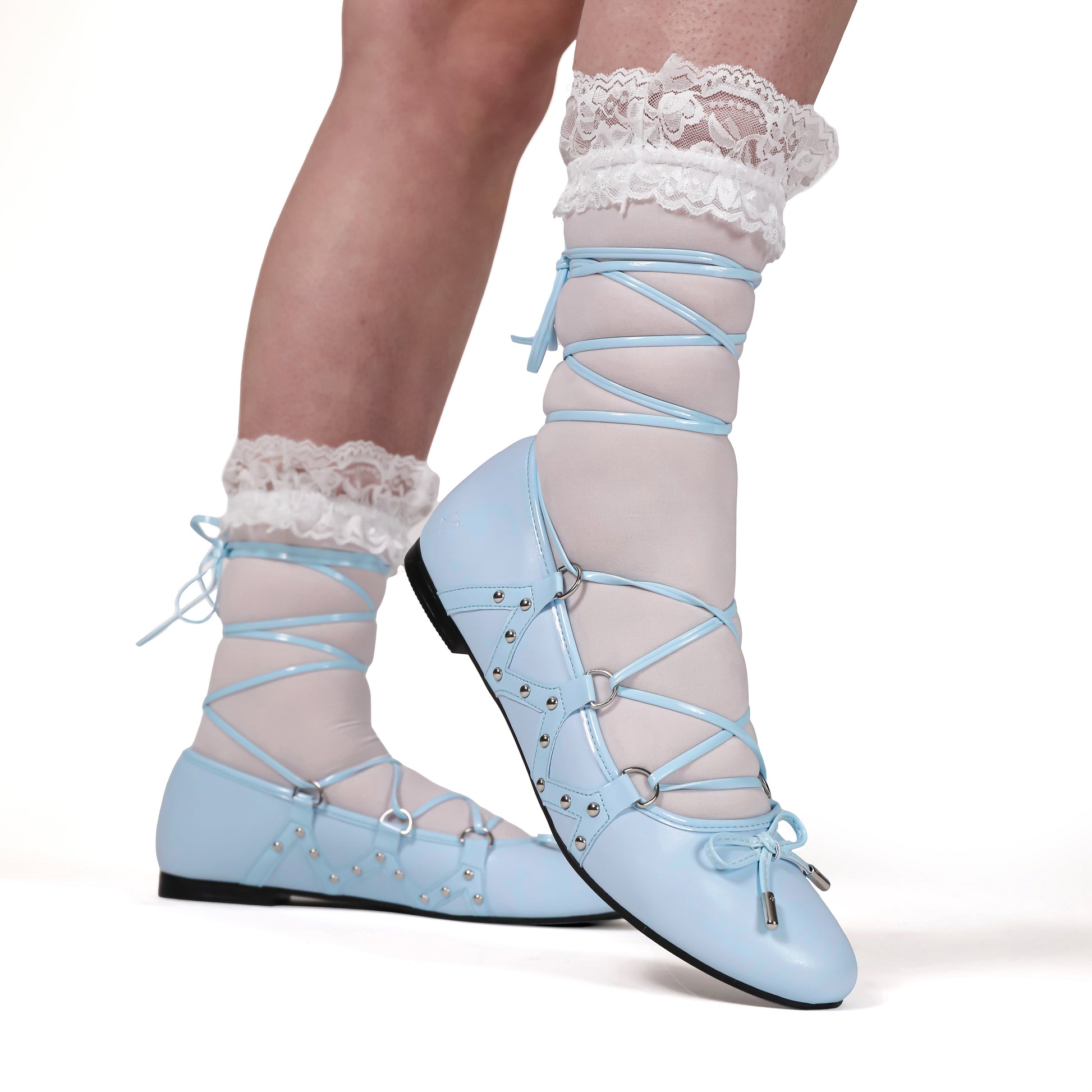Violetta Lace Up Flat Ballet Shoes - Blue - Koi Footwear - Model Side View