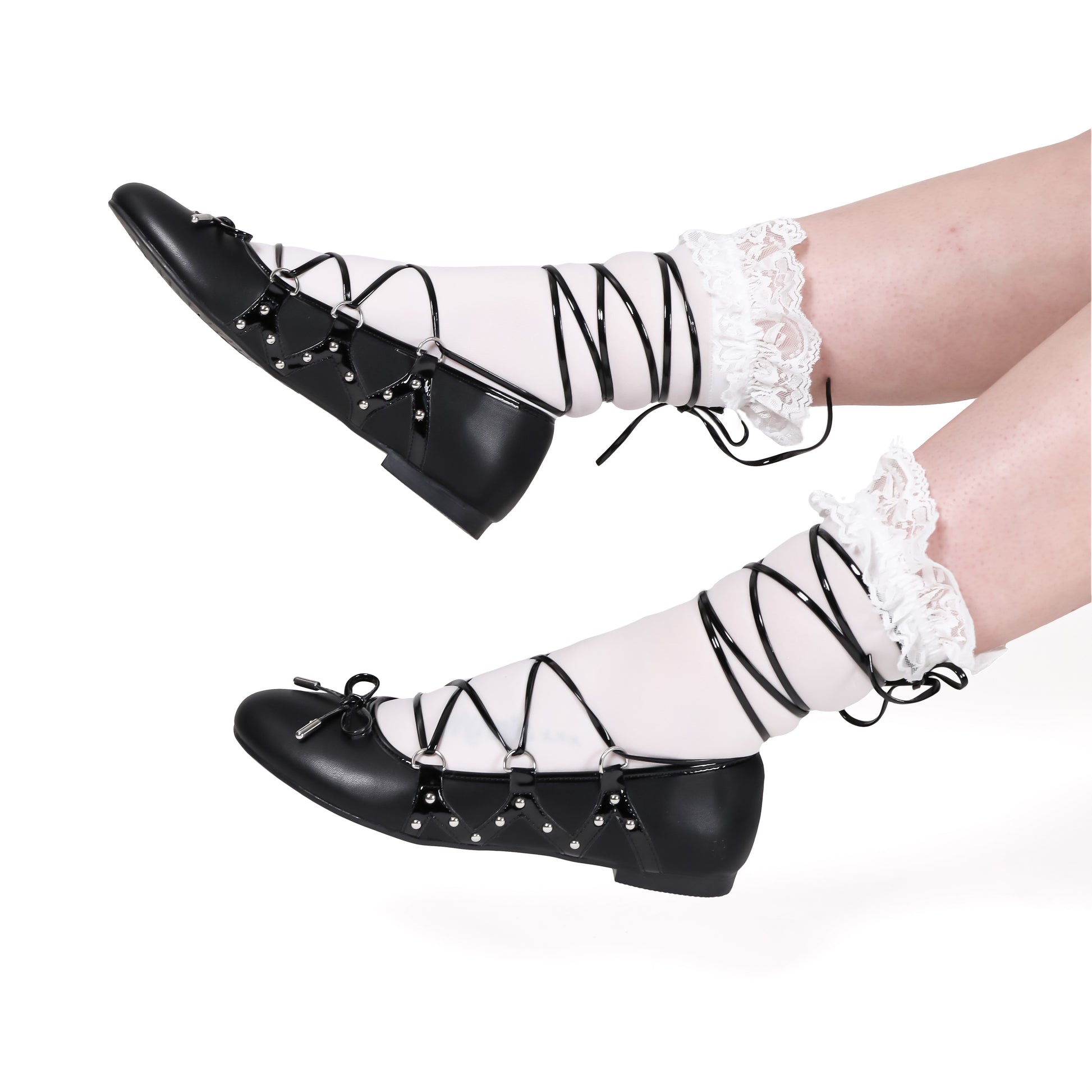 Violetta Grunge Lace Up Ballet Flat Shoes - Black - Koi Footwear - Model Side View