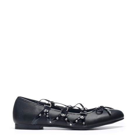 Violetta Grunge Lace Up Ballet Flat Shoes - Black - Koi Footwear - Main View