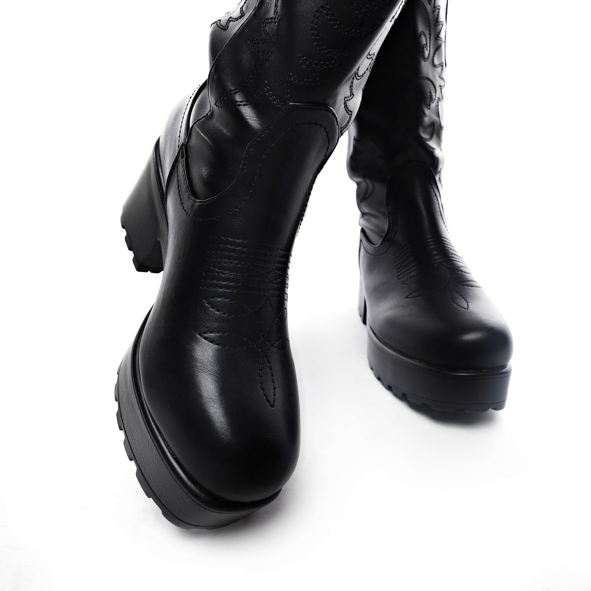WINTU Long Chunky Western Boots - Long Boots - KOI Footwear - Black - Front View