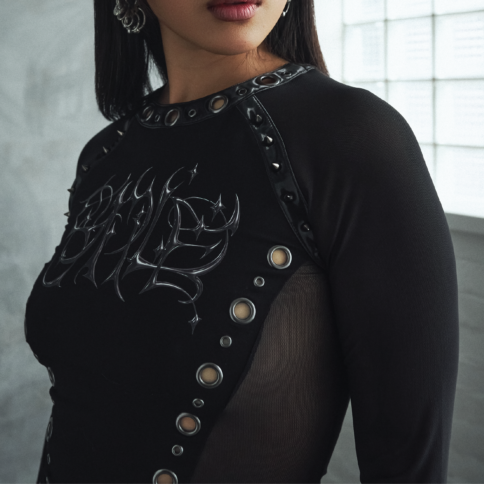 Crypt Studded Long-Sleeved Shirt - Black with Mesh – KOI footwear