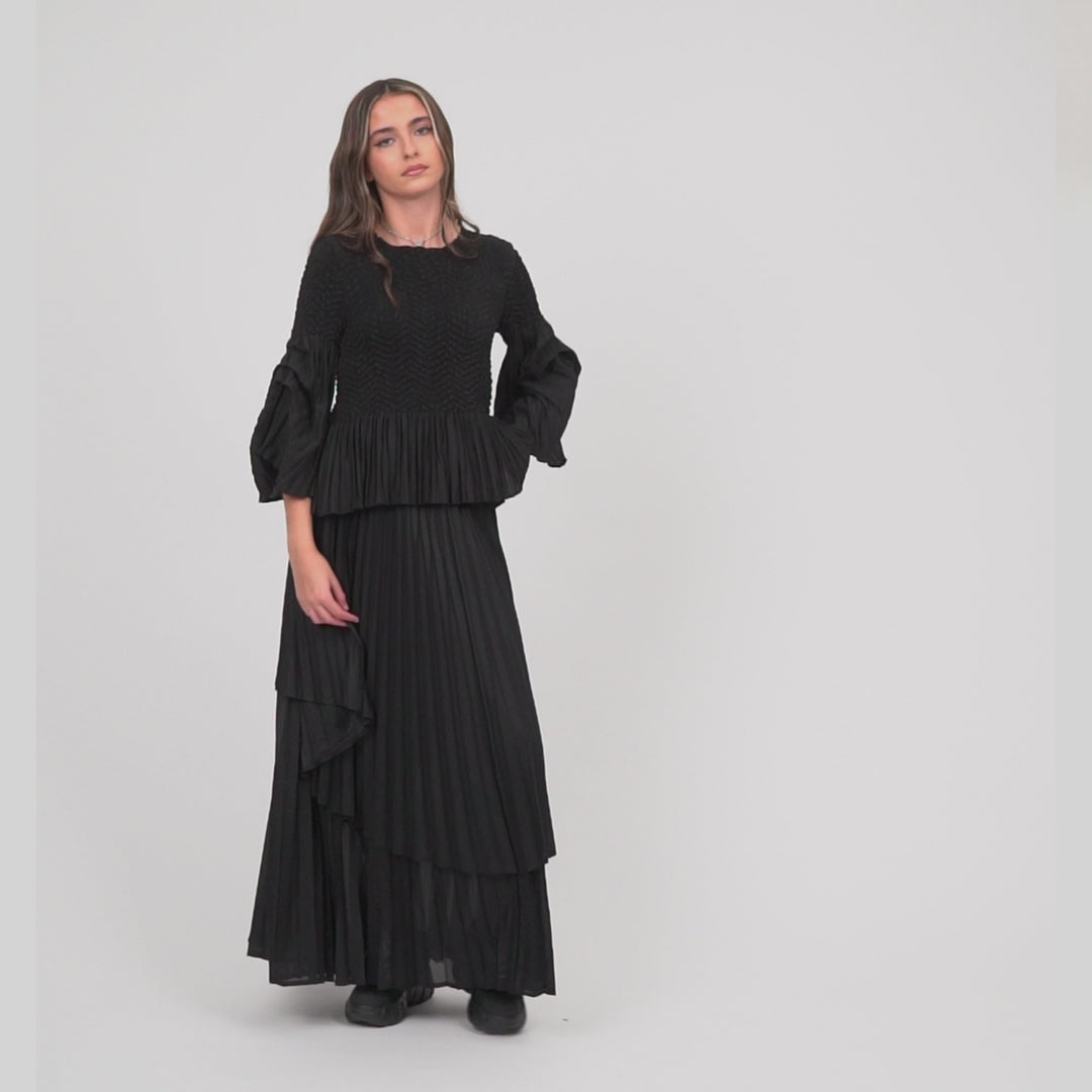 KOI_Bespoke Noctura Black Pleated Top and Skirt Co Ord- One Size_MOD