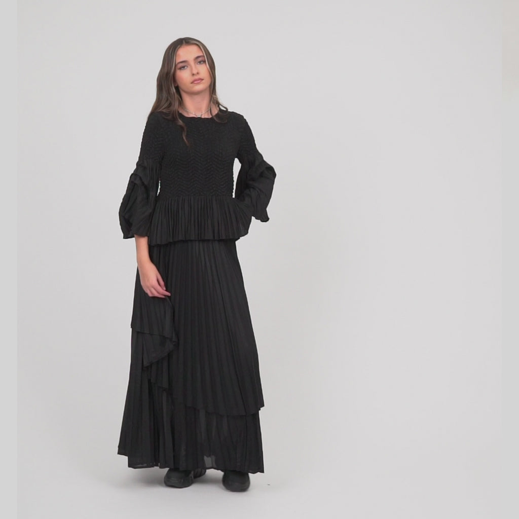 KOI_Bespoke Noctura Black Pleated Top and Skirt Co Ord- One Size_MOD