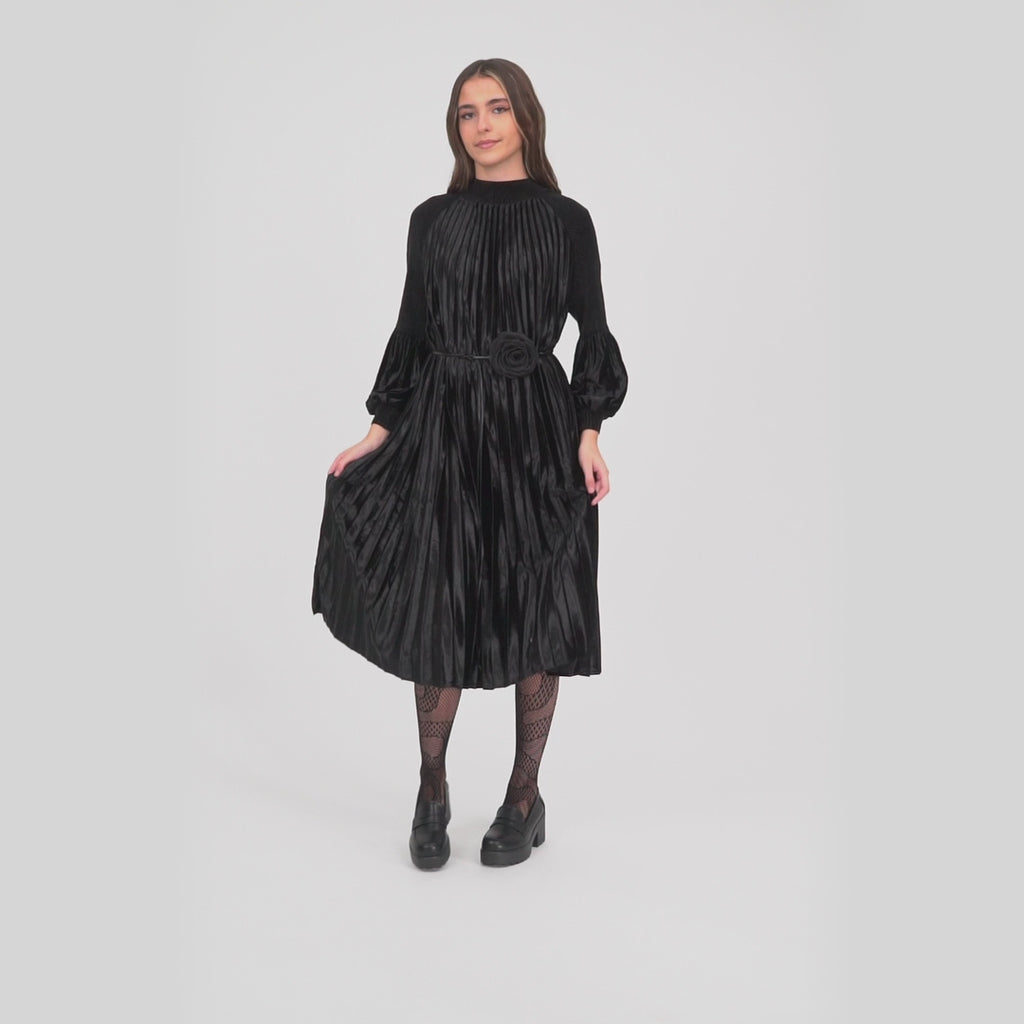 KOIBespoke Penumbra Black Pleated Midi Dress_VID
