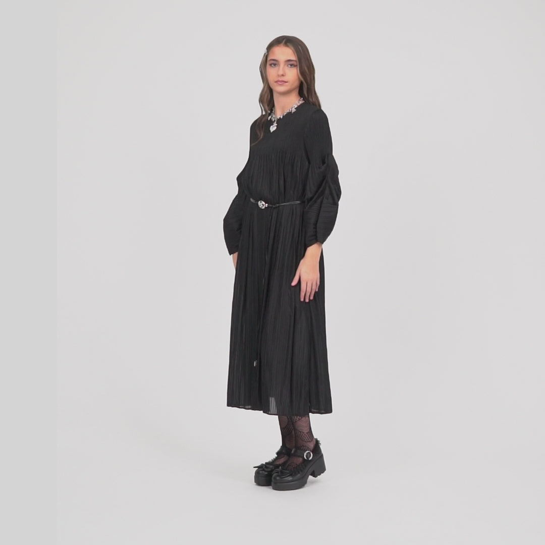 KOI_Bespoke Penumbra Black Pleated Midi Dress_VID
