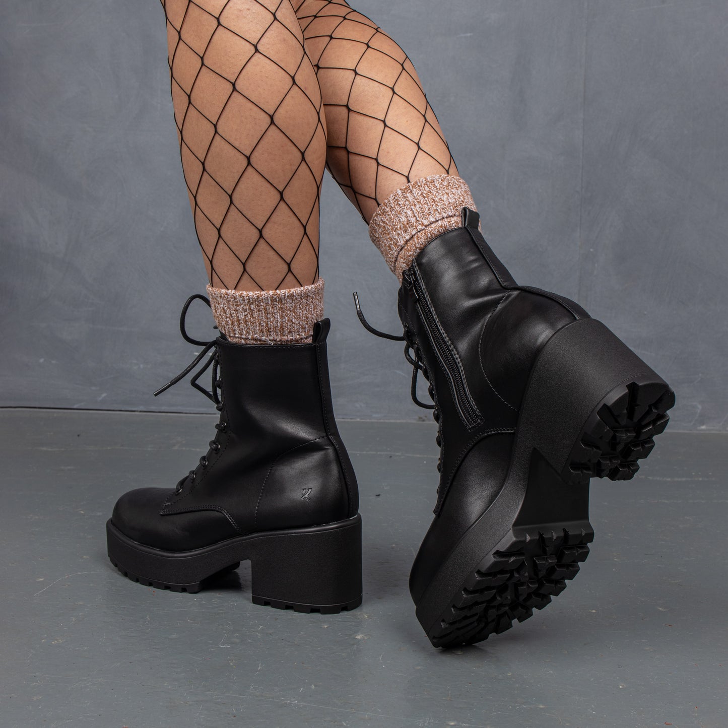 GIN Platform Military Boots - Ankle Boots - KOI Footwear - Black - Model Sole View
