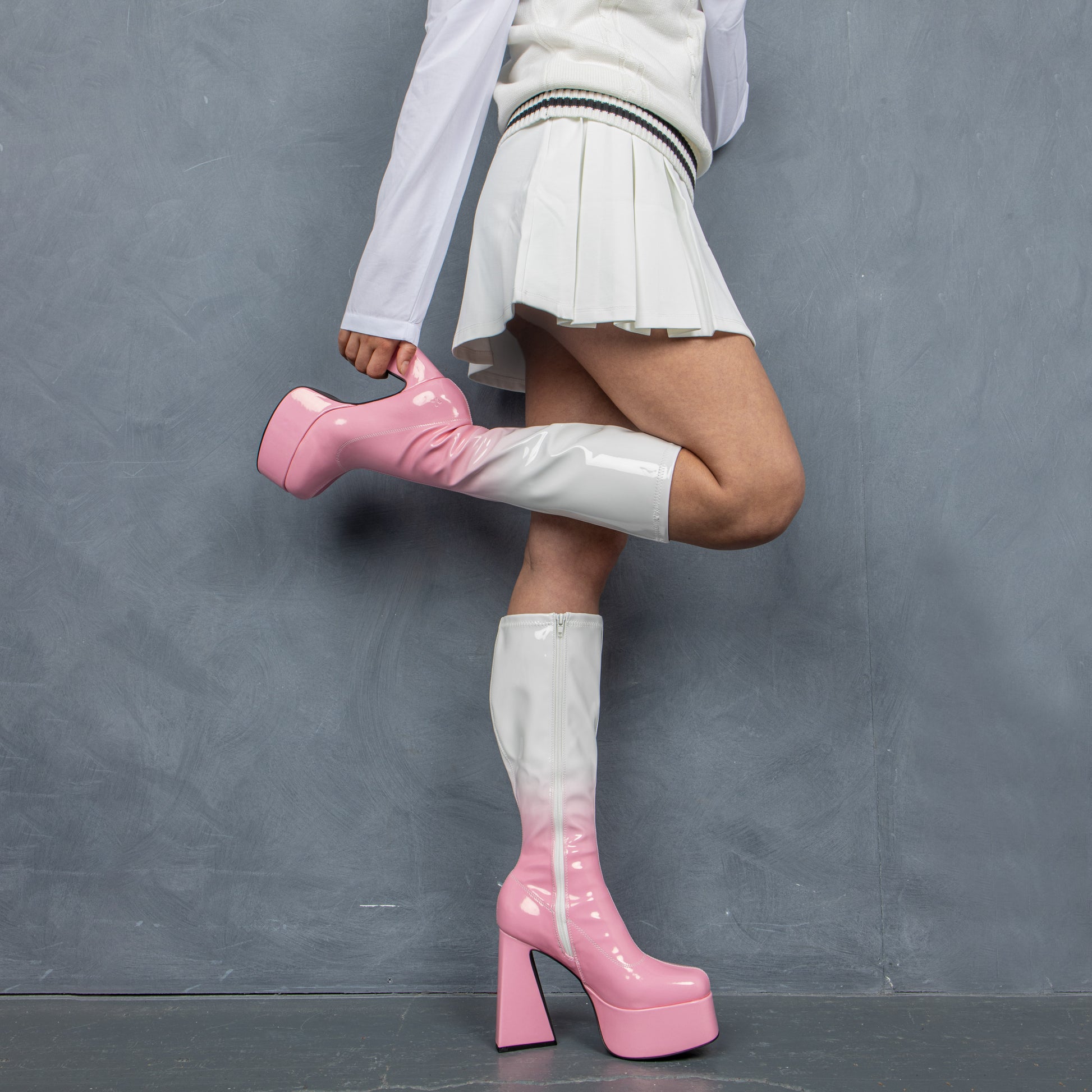 Raspberry Ripple Heeled Long Boots - Long Boots - KOI Footwear - Pink - Model Right View