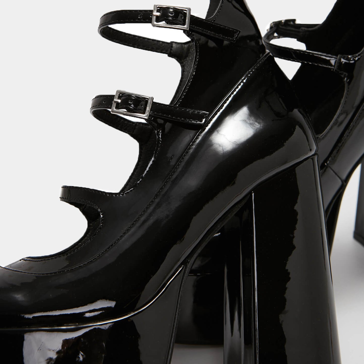 Gurren Strappy Black Patent Platform Heels - Shoes - KOI Footwear - Black - Buckle Detail