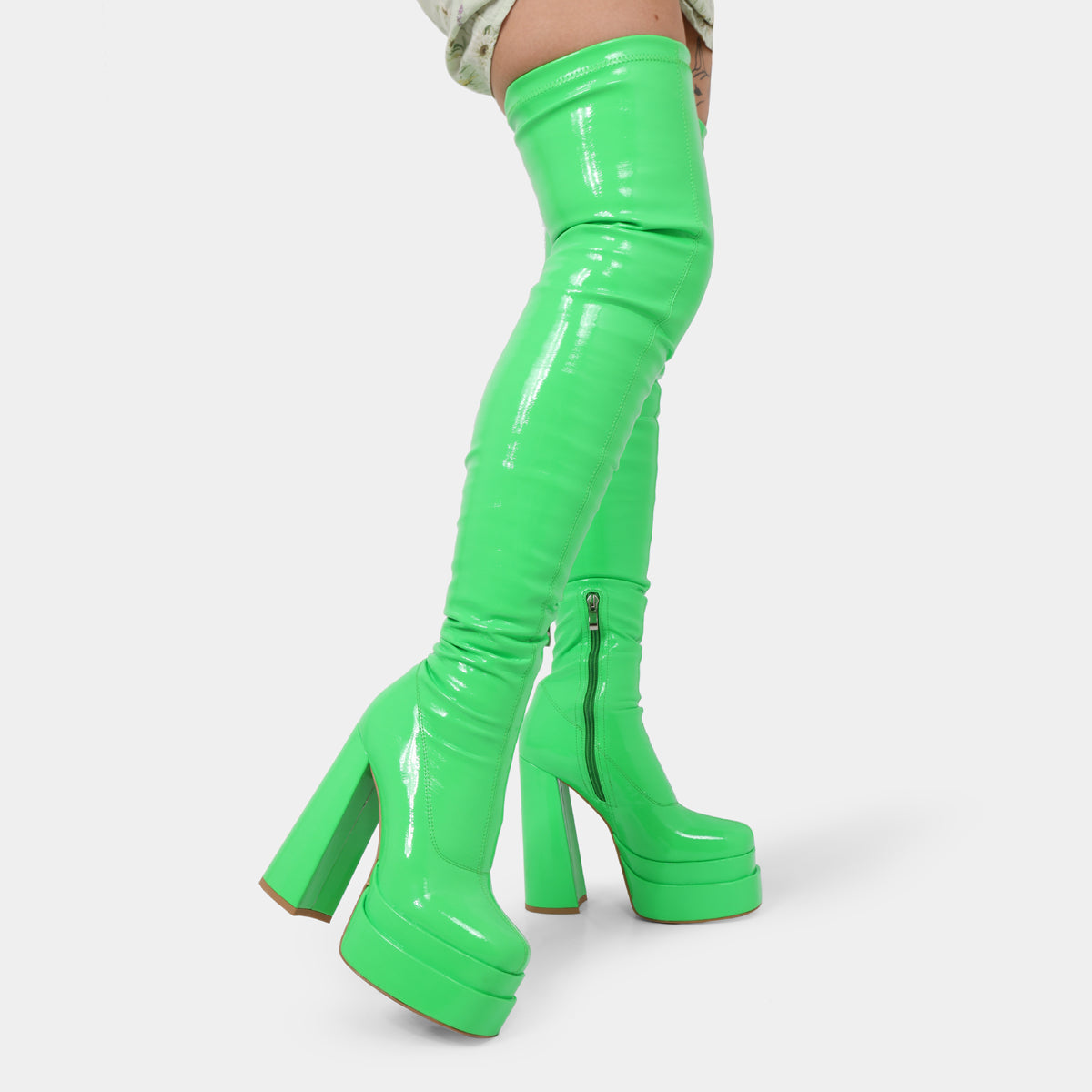 The Redemption Green Stretch Thigh High Boots - Long Boots - KOI Footwear - Green - Model Right View