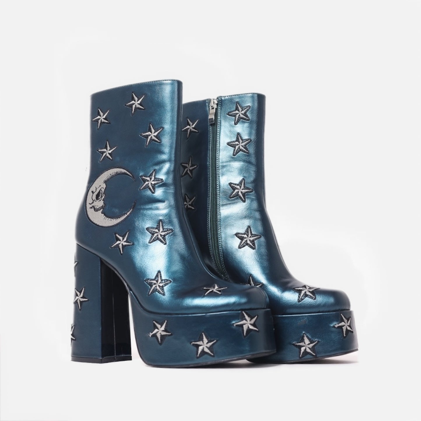 Dreams of Mooncraft Teal Heeled Boots - Ankle Boots - KOI Footwear - Blue - Three-Quarter View