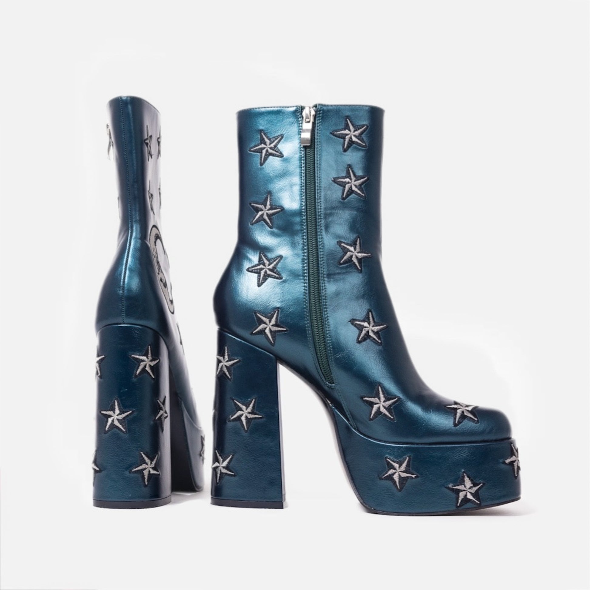 Dreams of Mooncraft Teal Heeled Boots - Ankle Boots - KOI Footwear - Blue - Back and Side View