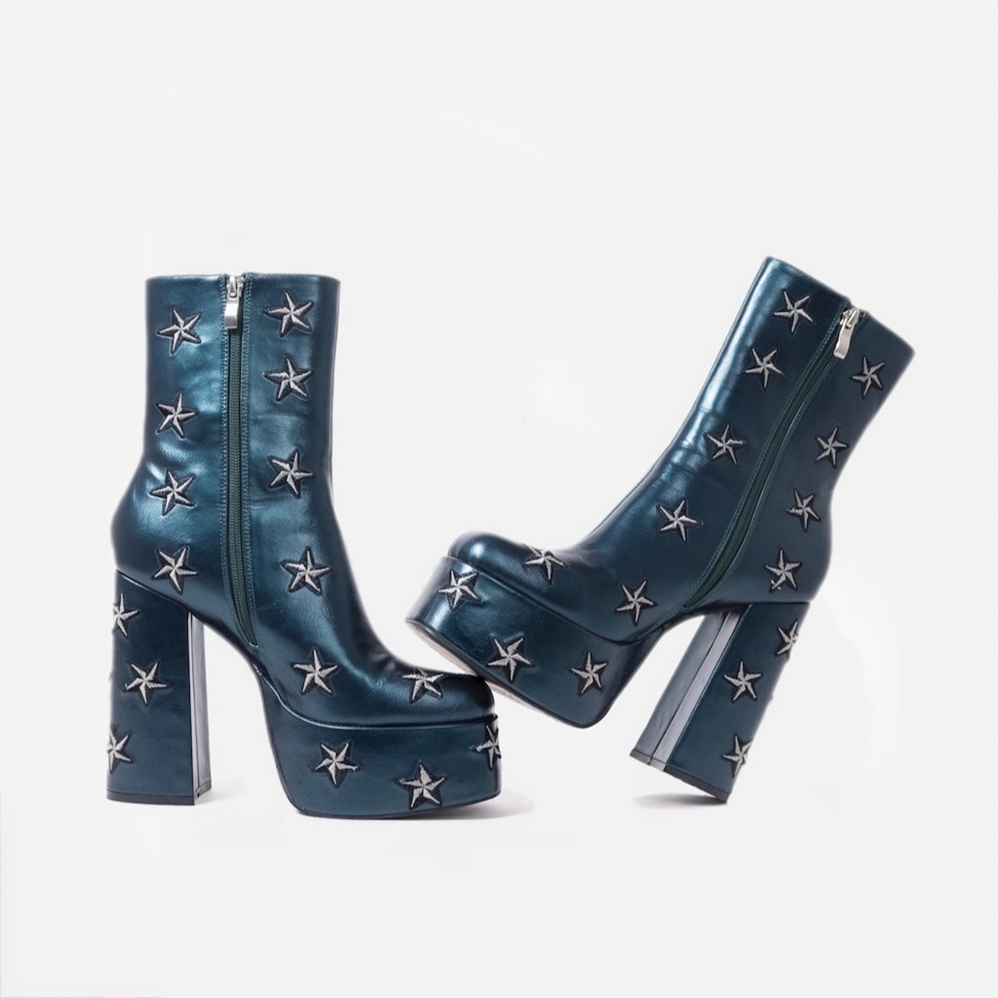 Dreams of Mooncraft Teal Heeled Boots - Ankle Boots - KOI Footwear - Blue - Zip Detail