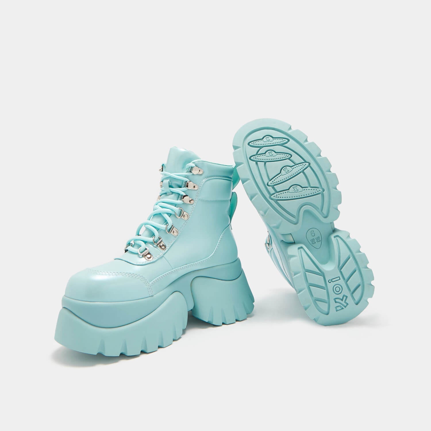 Gooey Baby Blue Platform Boots - Ankle Boots - KOI Footwear - Blue - Sole and Side View