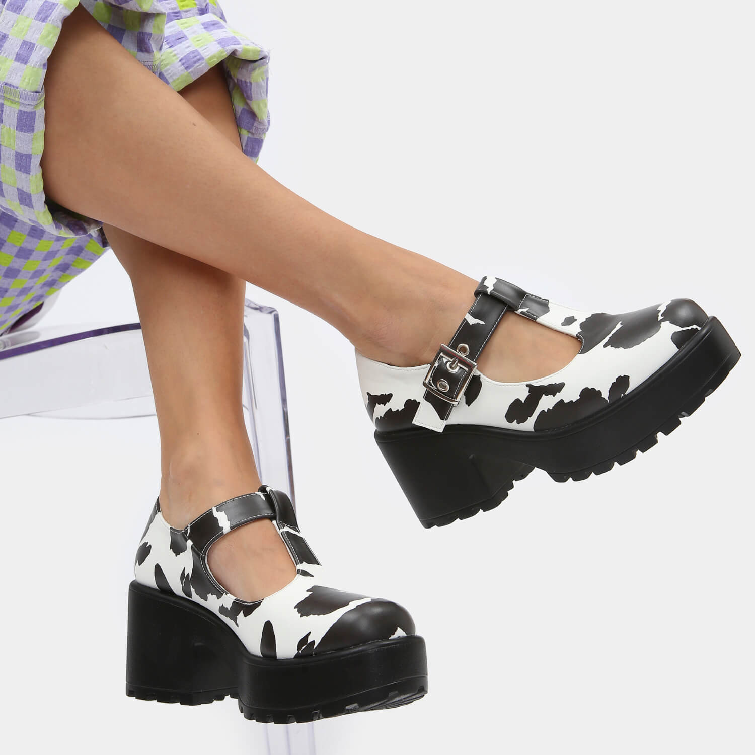 Sai Cow Print Mary Jane Shoes 'Nettie Edition' - Mary Janes - KOI Footwear - White - Model Side View