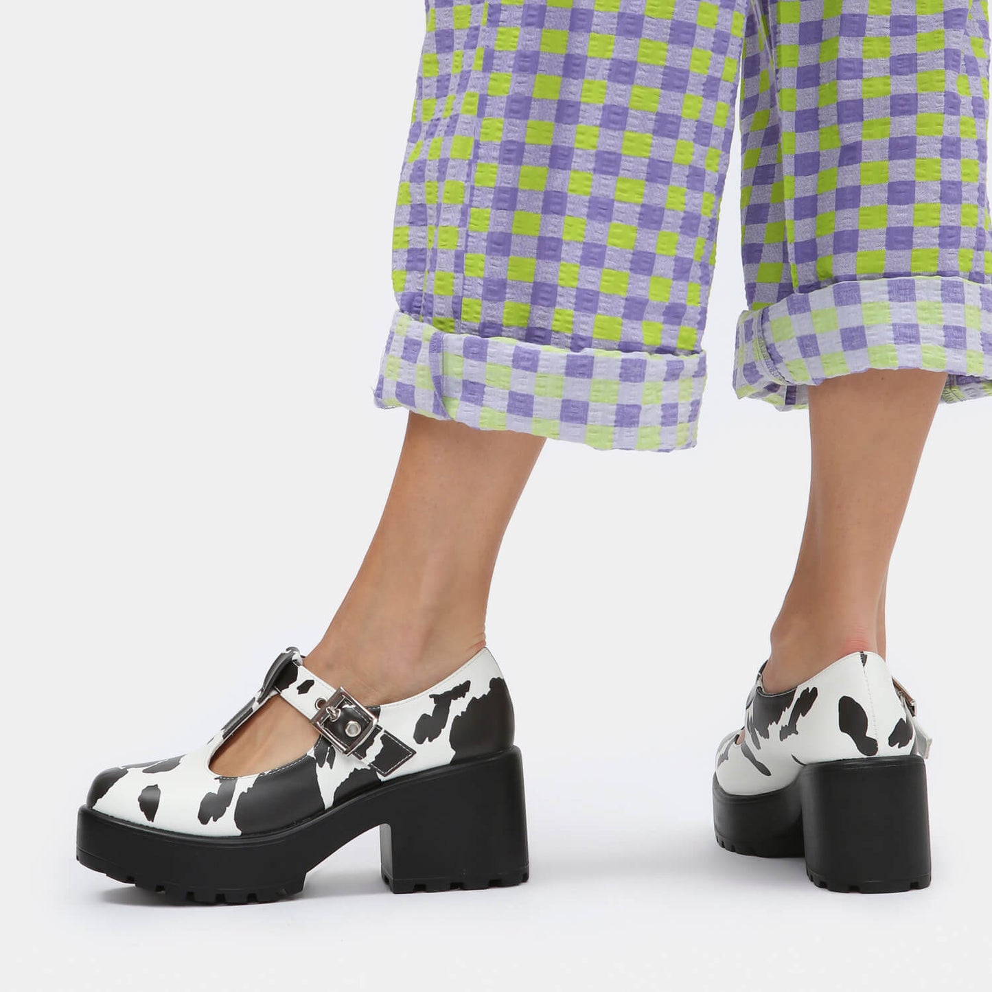 Sai Cow Print Mary Jane Shoes 'Nettie Edition' - Mary Janes - KOI Footwear - White - Model Left View