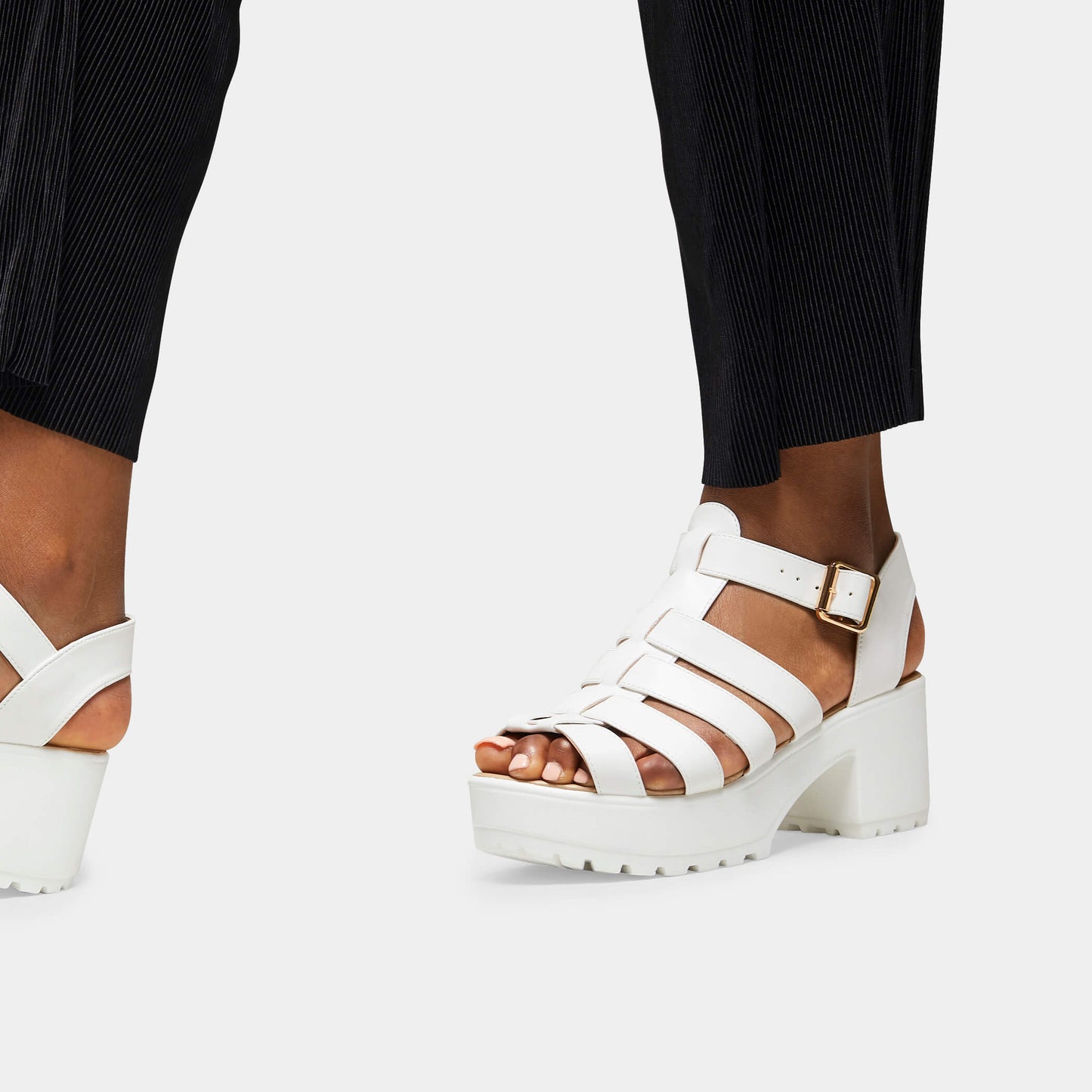 SII White Strappy Cleated Sandals - Sandals - KOI Footwear - White - Model Left View