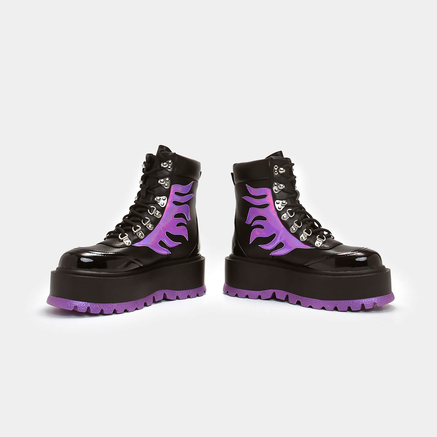 Helios Purple Hologram Flame Boots - Ankle Boots - KOI Footwear - Purple - Front View