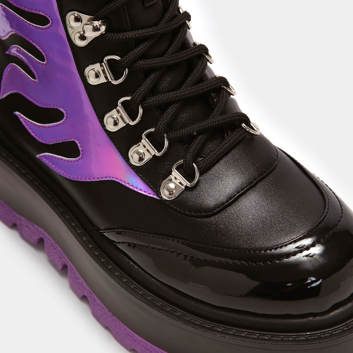 Helios Purple Hologram Flame Boots - Ankle Boots - KOI Footwear - Purple - Front Detail