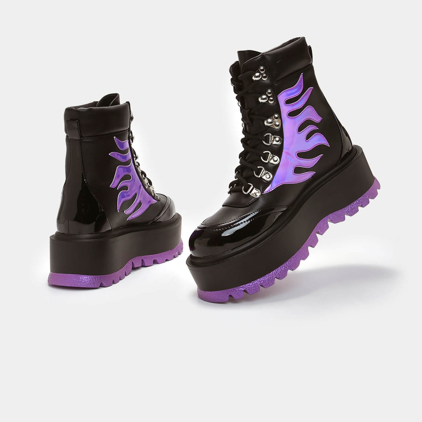 Helios Purple Hologram Flame Boots - Ankle Boots - KOI Footwear - Purple - Back and Side View