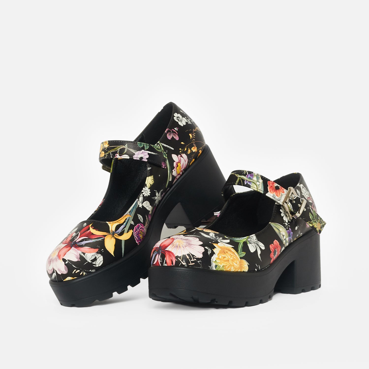 Tira Mary Jane Shoes 'Floral Edition' - Mary Janes - KOI Footwear - Black - Three-Quarter View