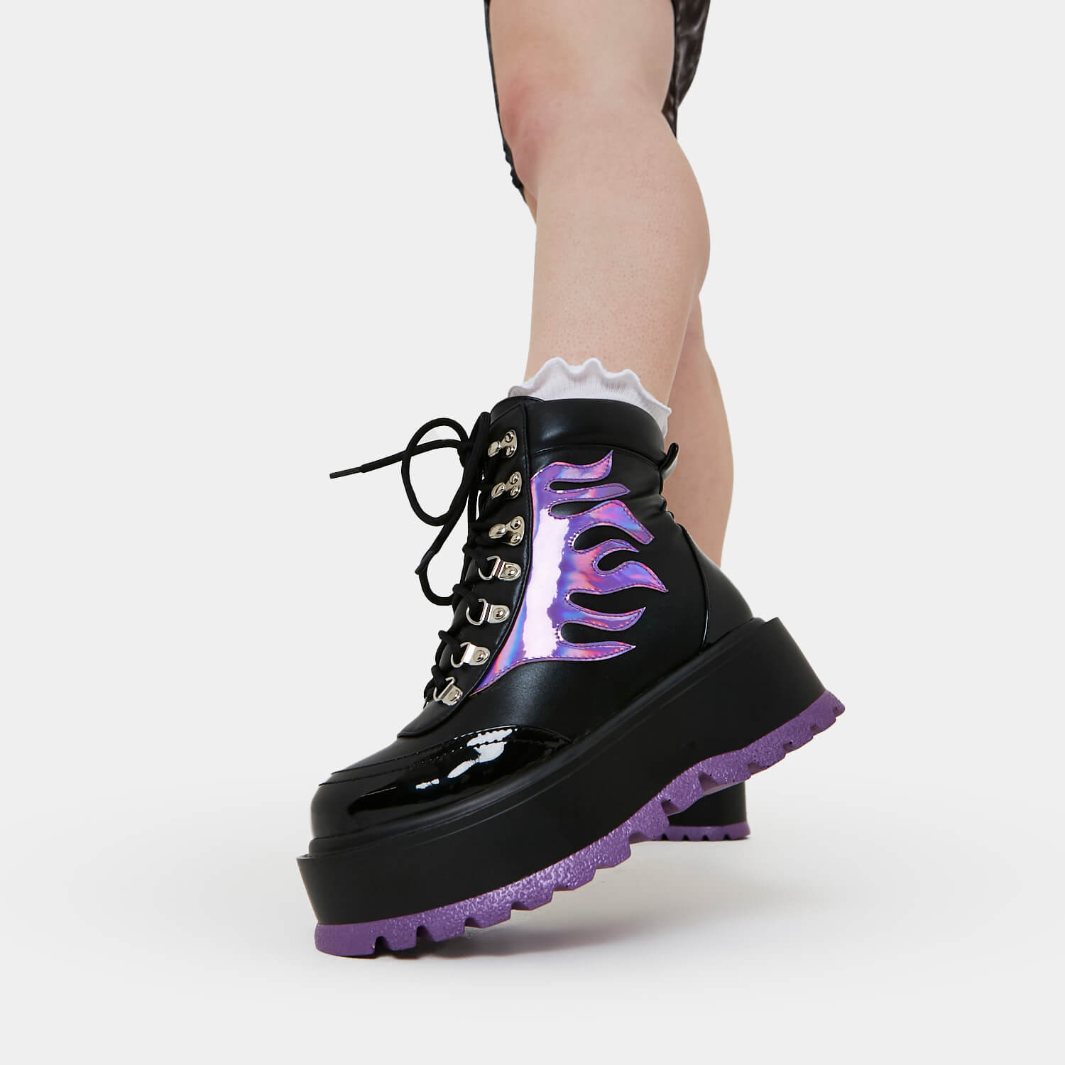 Helios Purple Hologram Flame Boots - Ankle Boots - KOI Footwear - Purple - Model Side View